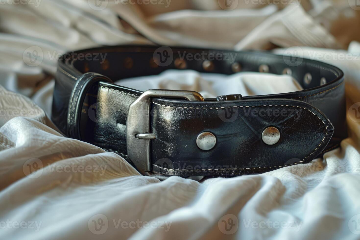 Black leather belt resting on white cloth photo