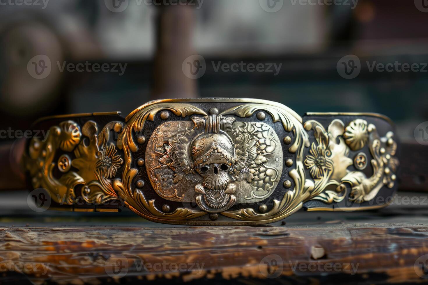 Metal belt buckle showing skull and floral design resting on wooden surface photo