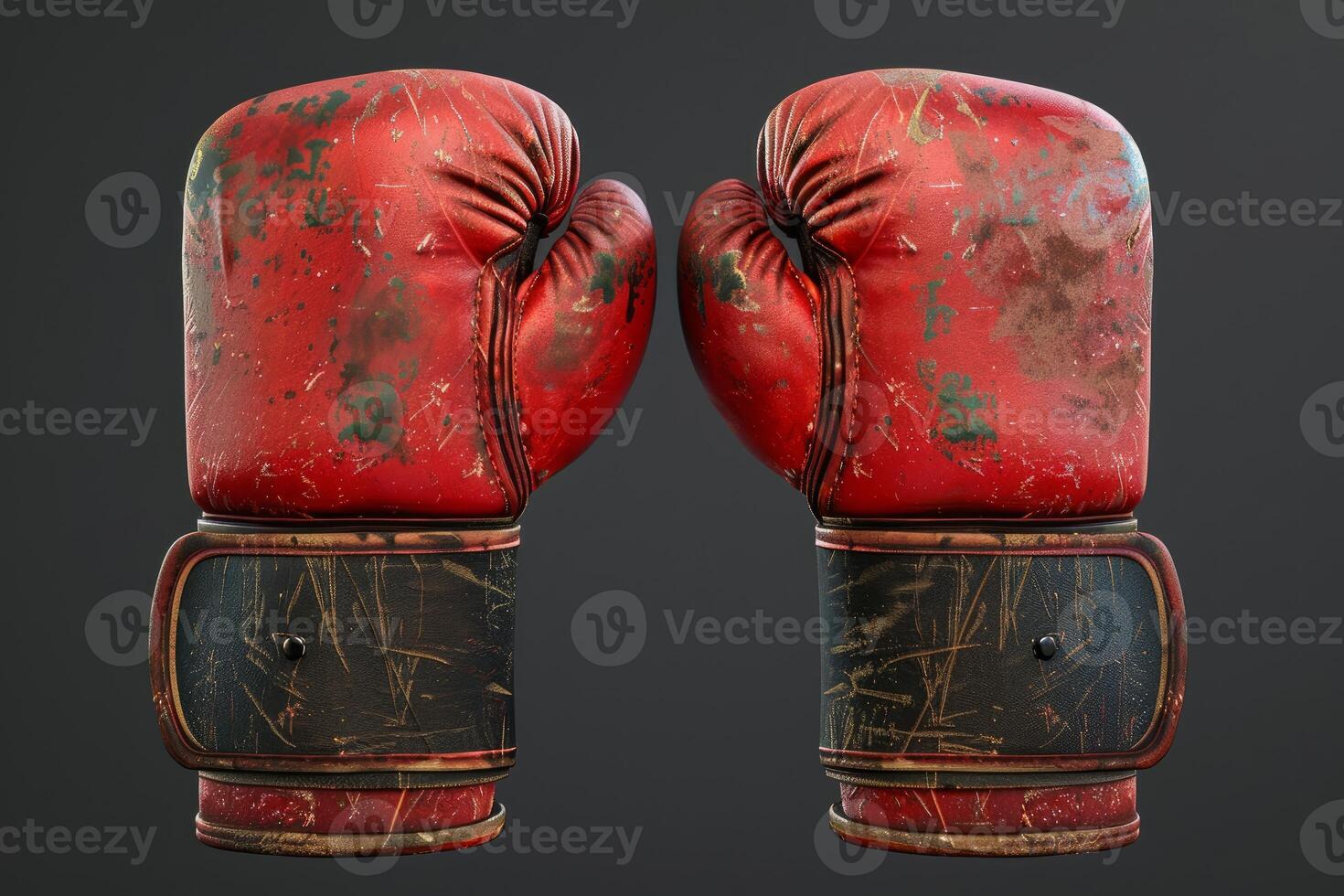 Pair of worn red boxing gloves facing each other on dark background photo