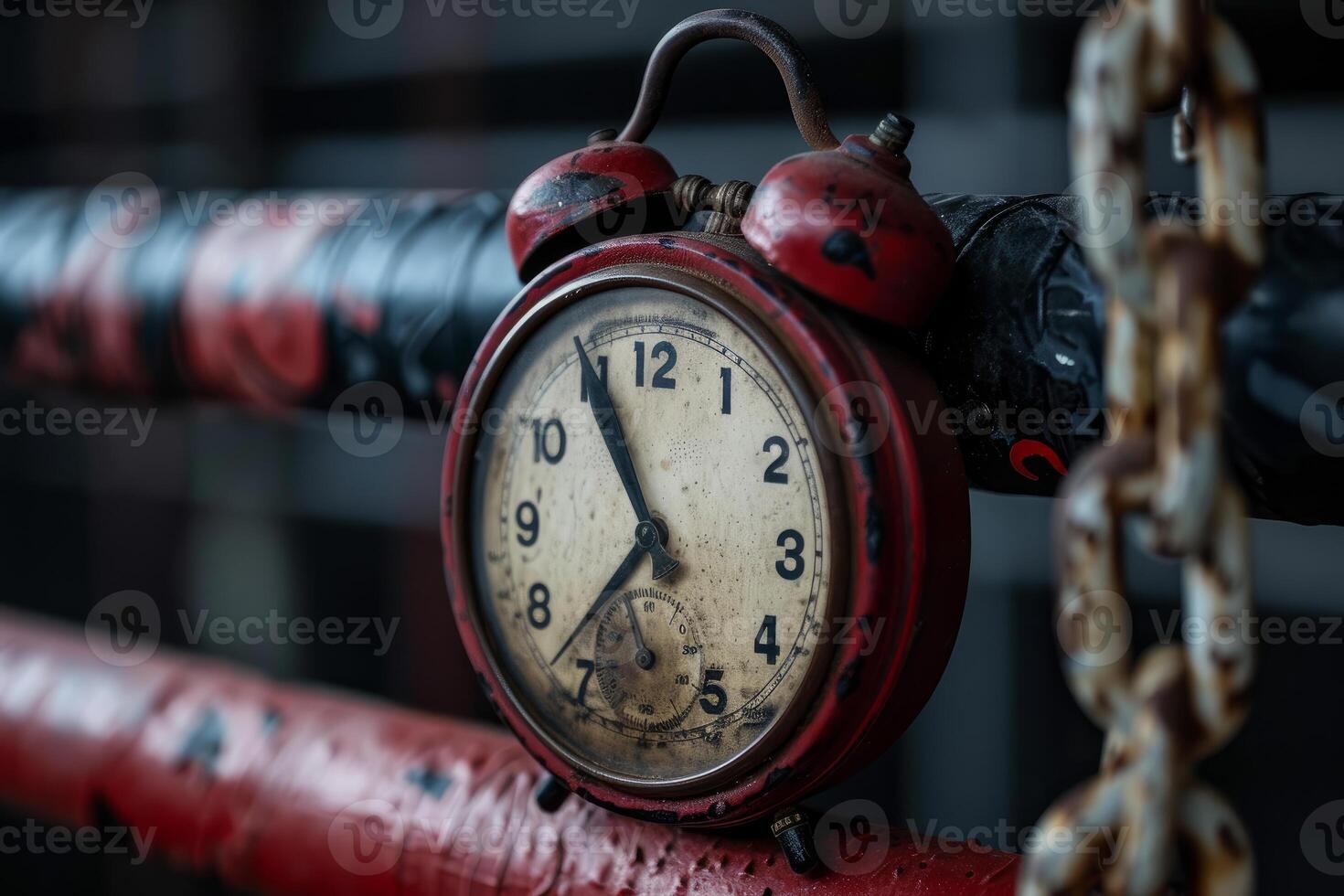 Old red alarm clock hanging on a metal pipe showing almost three o'clock photo
