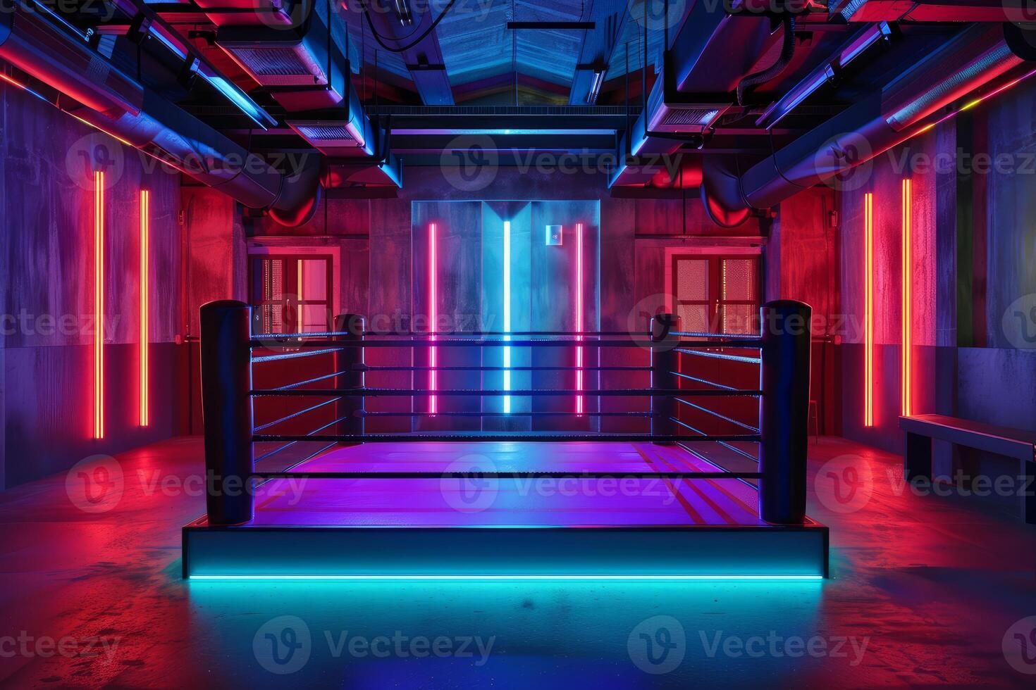 Empty boxing ring illuminated by vibrant neon lights in modern gym photo