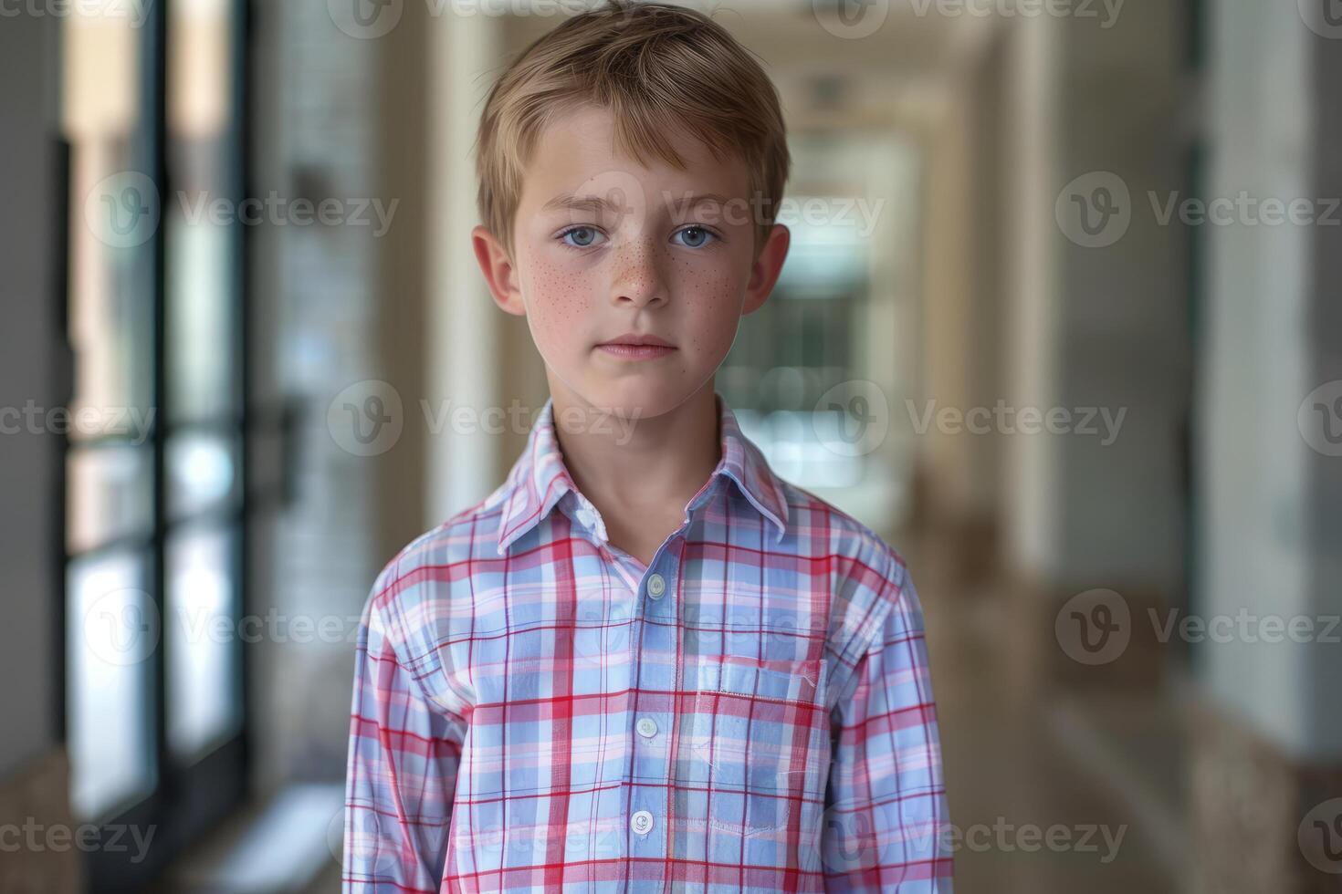 Freckled boy wearing a plaid shirt standing in a hallway photo