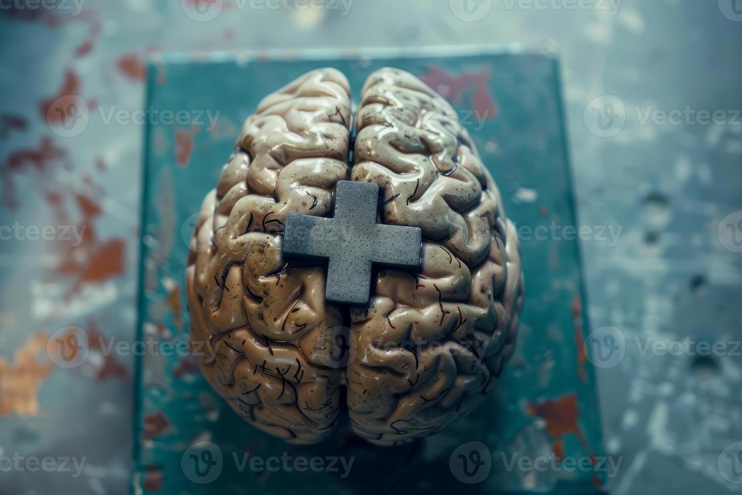 Brain model with plus sign representing mental health and well being photo
