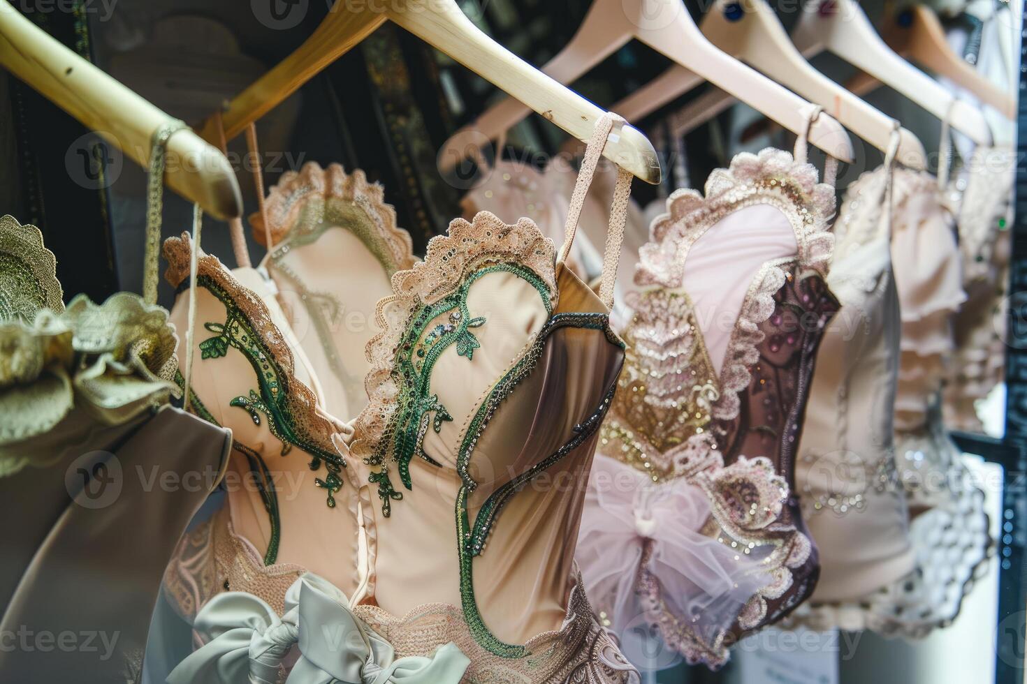 Elegant bodices hanging on wooden hangers, displaying intricate lace and embroidery photo