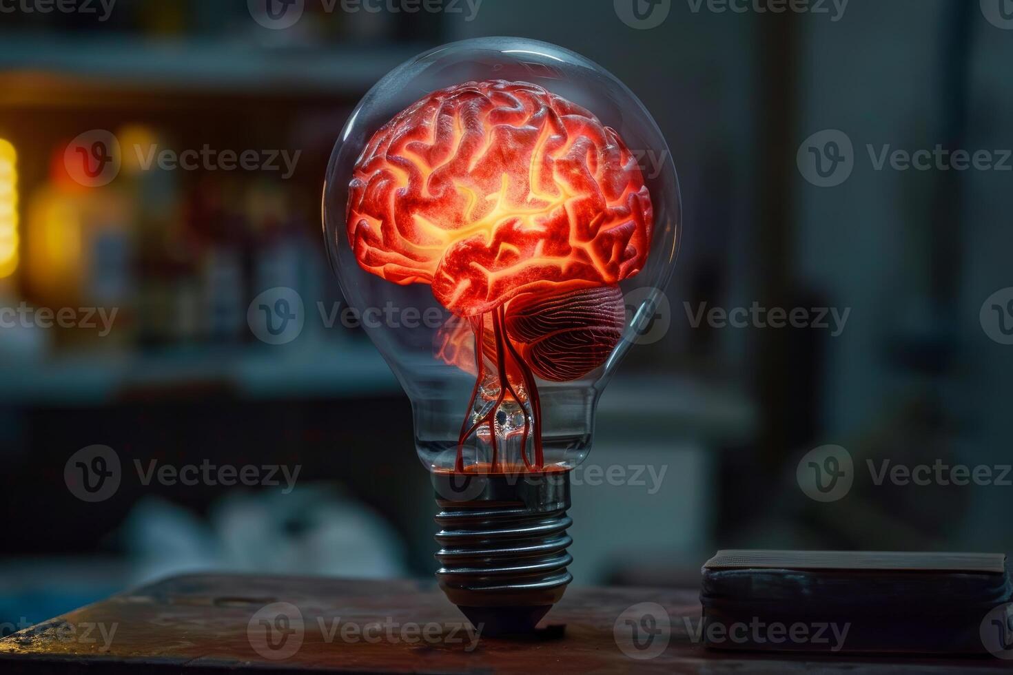 Glowing brain inside light bulb symbolizing innovation and creativity photo