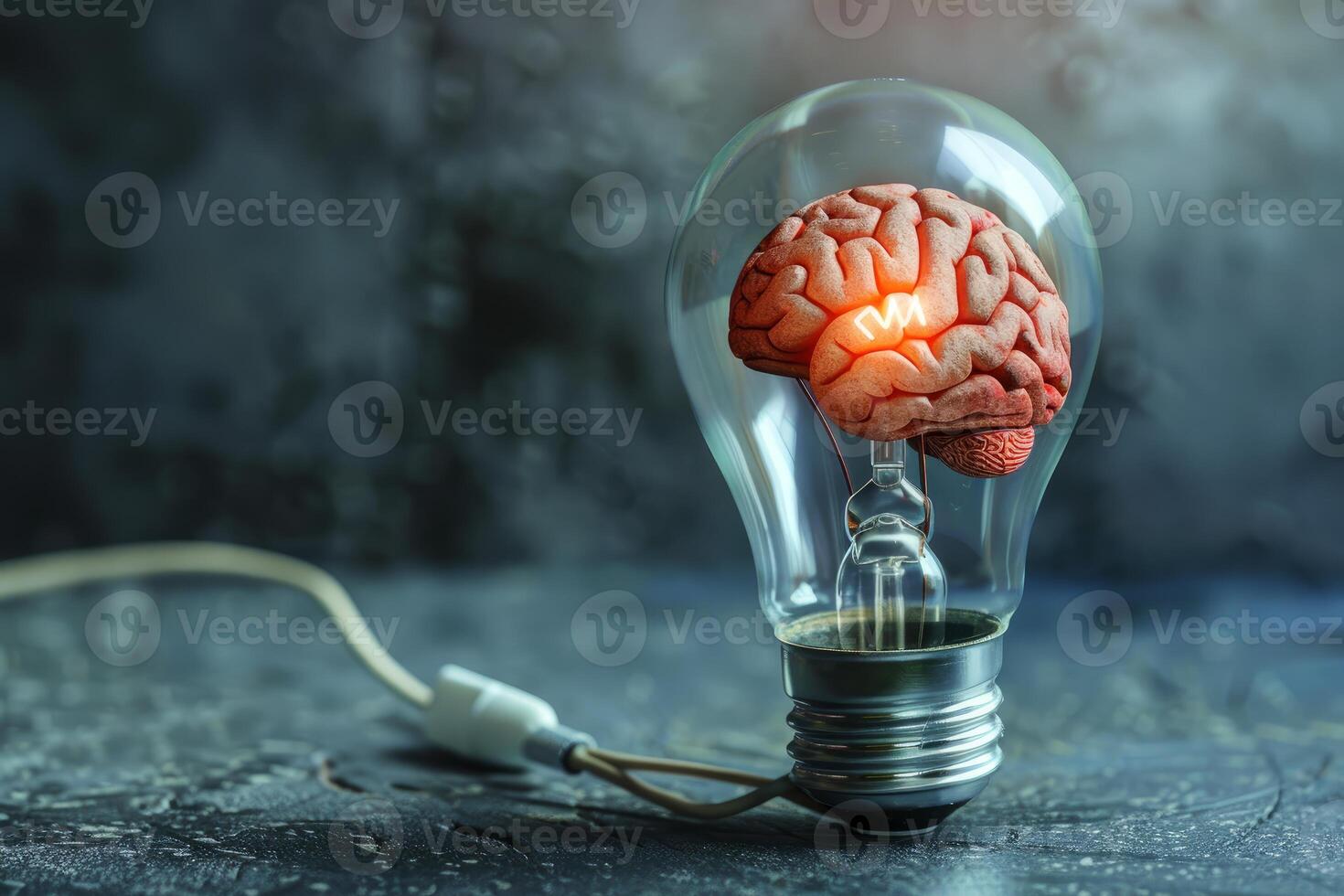 Brain generating innovative ideas inside light bulb, power of creativity photo