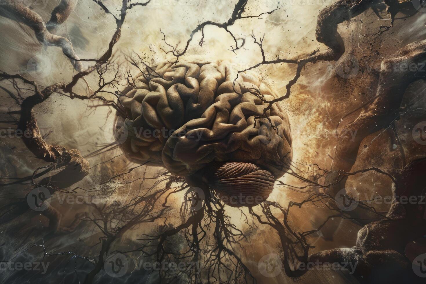 Human brain connected to universe by branches of dead tree photo
