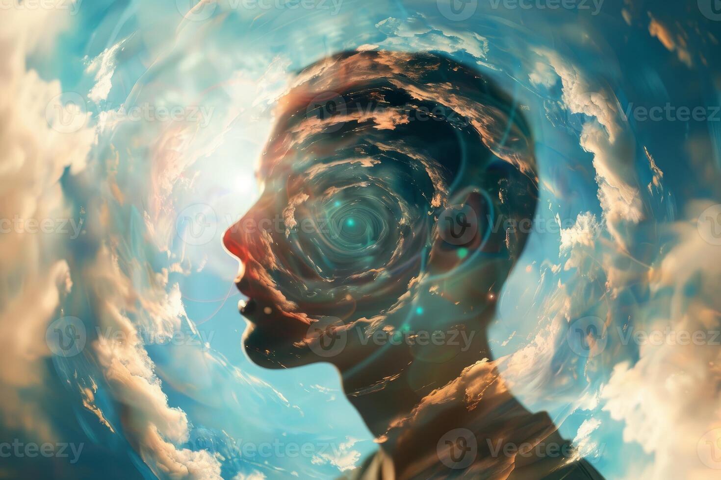 Human head silhouette merging with swirling clouds and sky photo