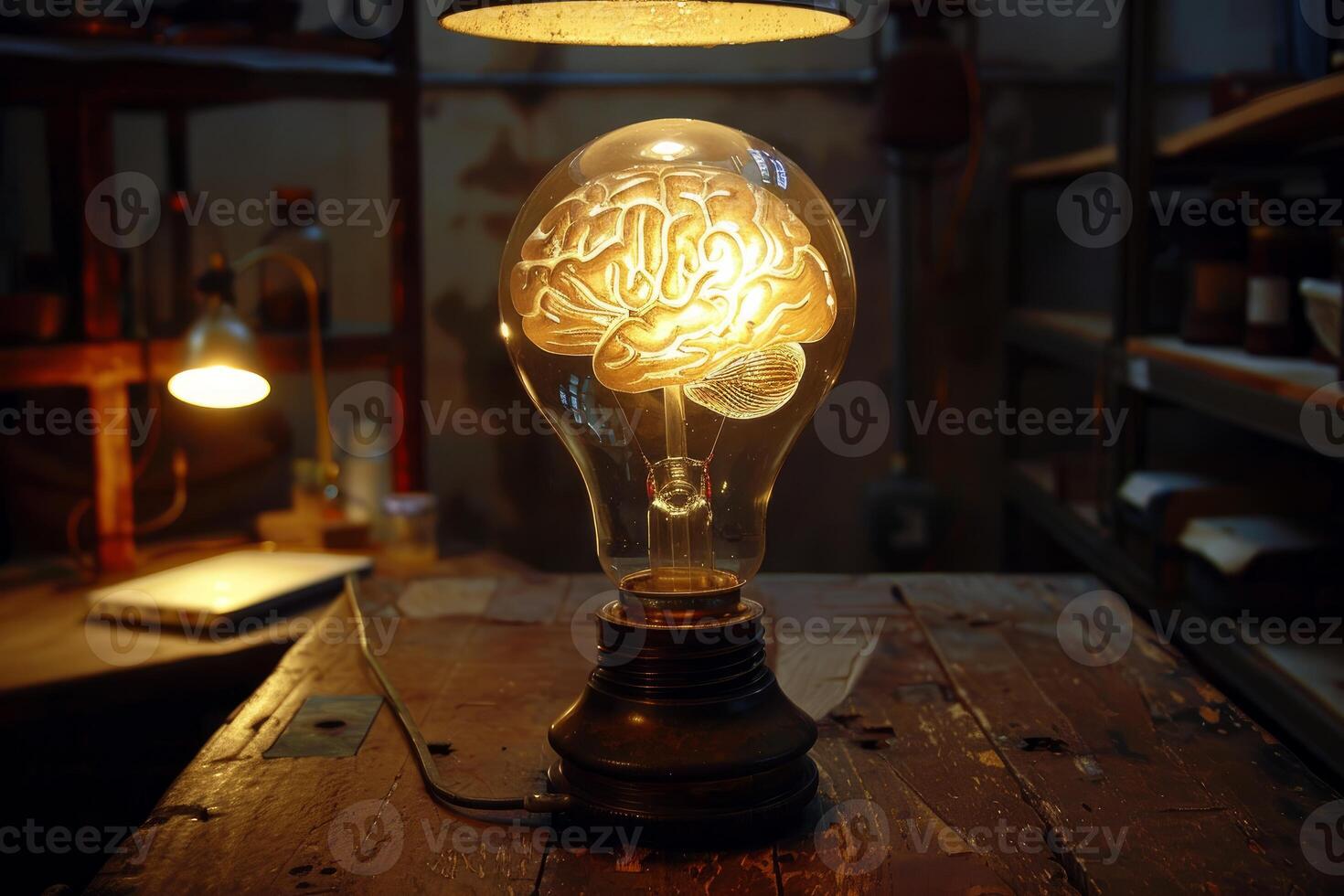 Glowing brain inside light bulb illuminating workshop table photo