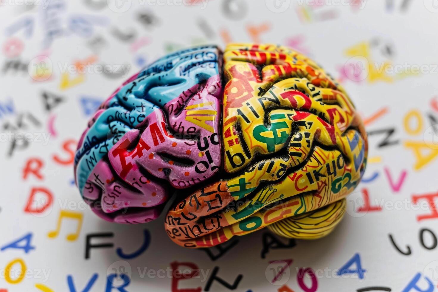 Colorful brain model covered in letters representing literacy and knowledge photo
