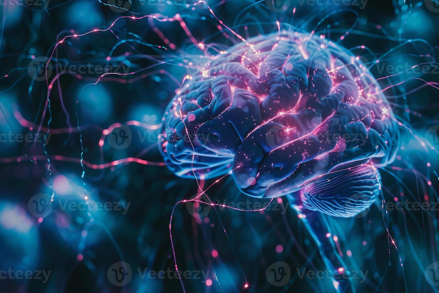 Human brain showing neural connections and electrical activity photo