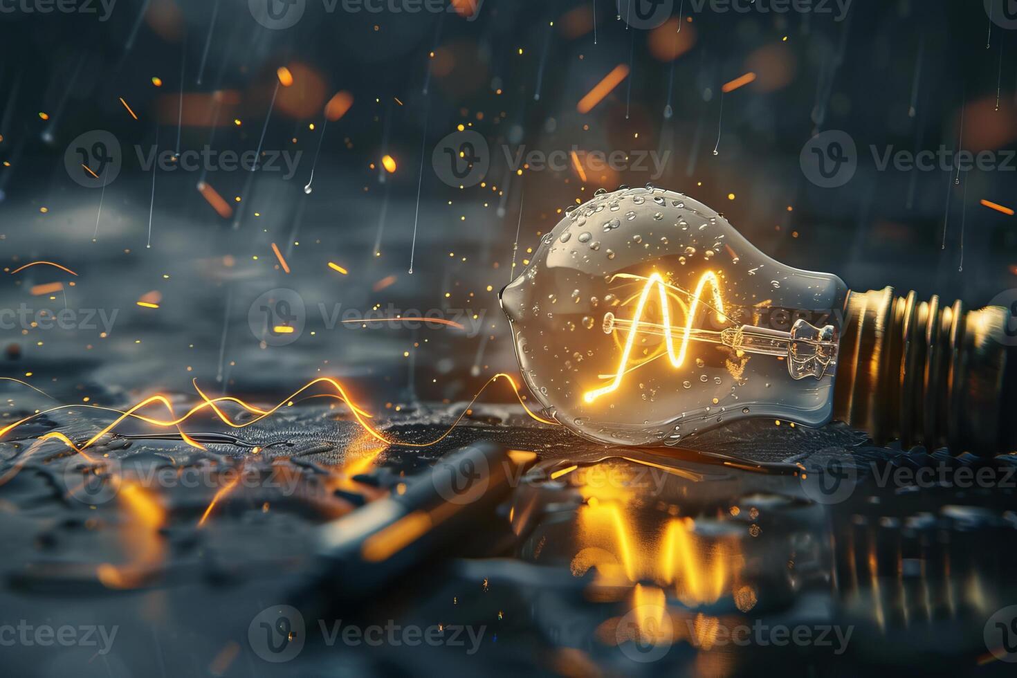 Lightbulb shining with energy waves under rain and sparks photo