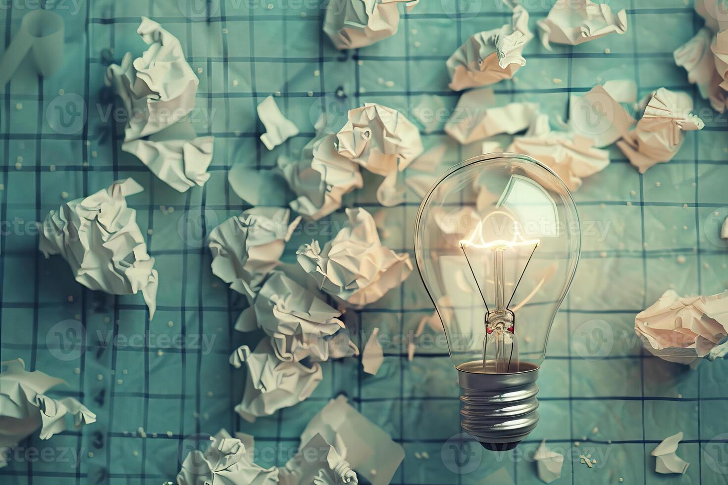 Glowing light bulb representing new idea amongst crumpled paper on graph paper photo