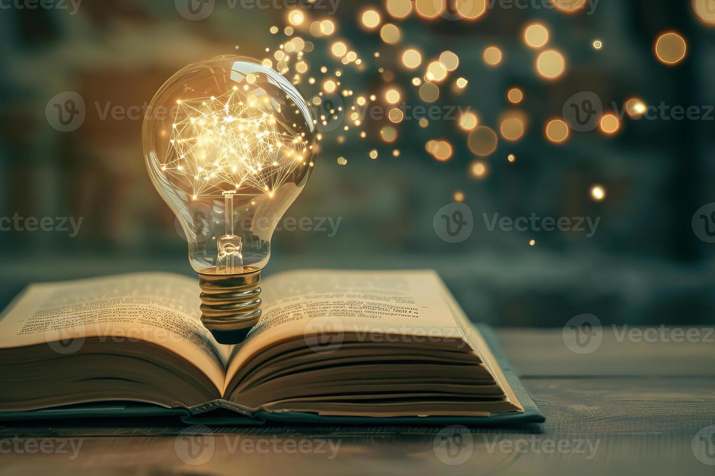 Bright light bulb floating above open book generating innovative ideas photo