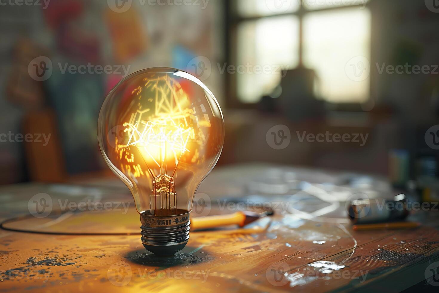 Bright light bulb shining on a wooden table in an art studio, symbolizing creativity and innovation photo