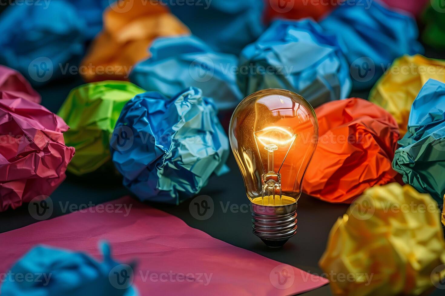 Glowing light bulb transforming crumpled colorful papers into creative ideas photo