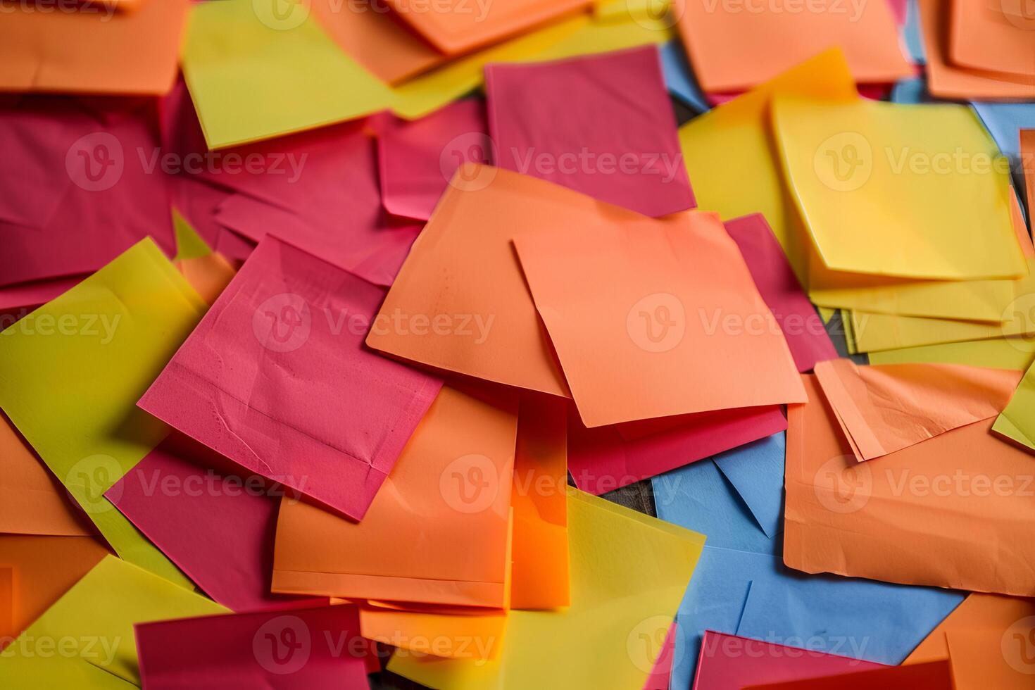 Colorful sticky notes lying messily on dark wooden table photo
