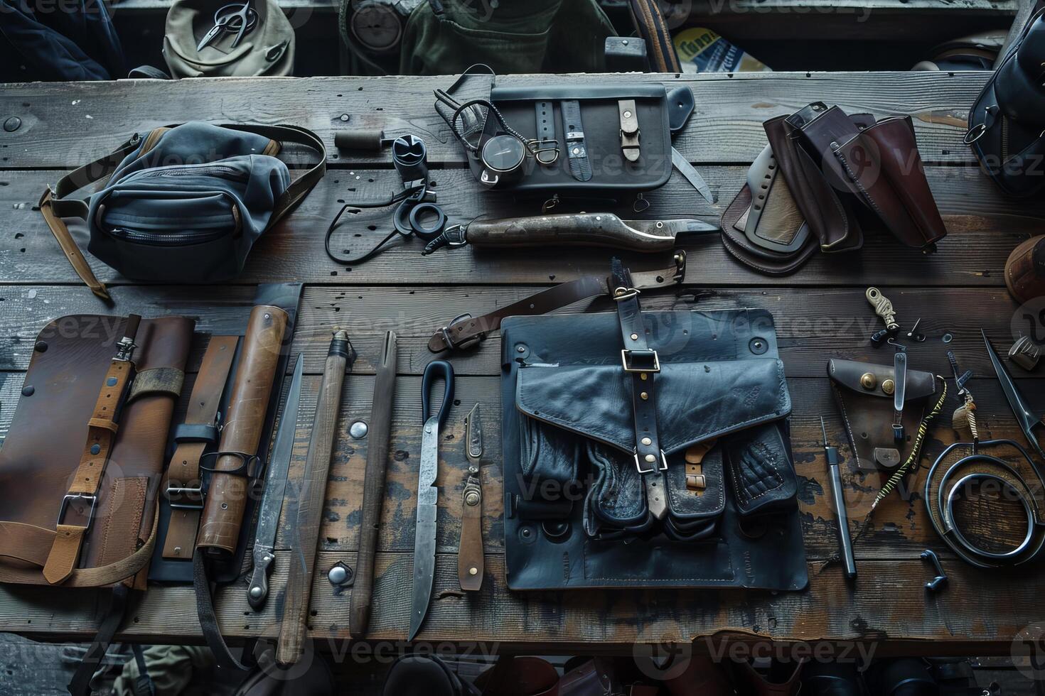 Bushcraft gear flatlay on rustic wooden table photo