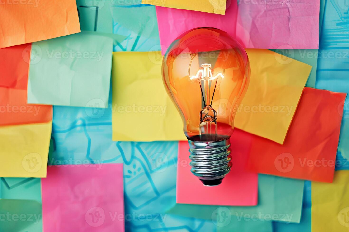 Bright light bulb shining over colorful sticky notes representing ideas and innovation photo