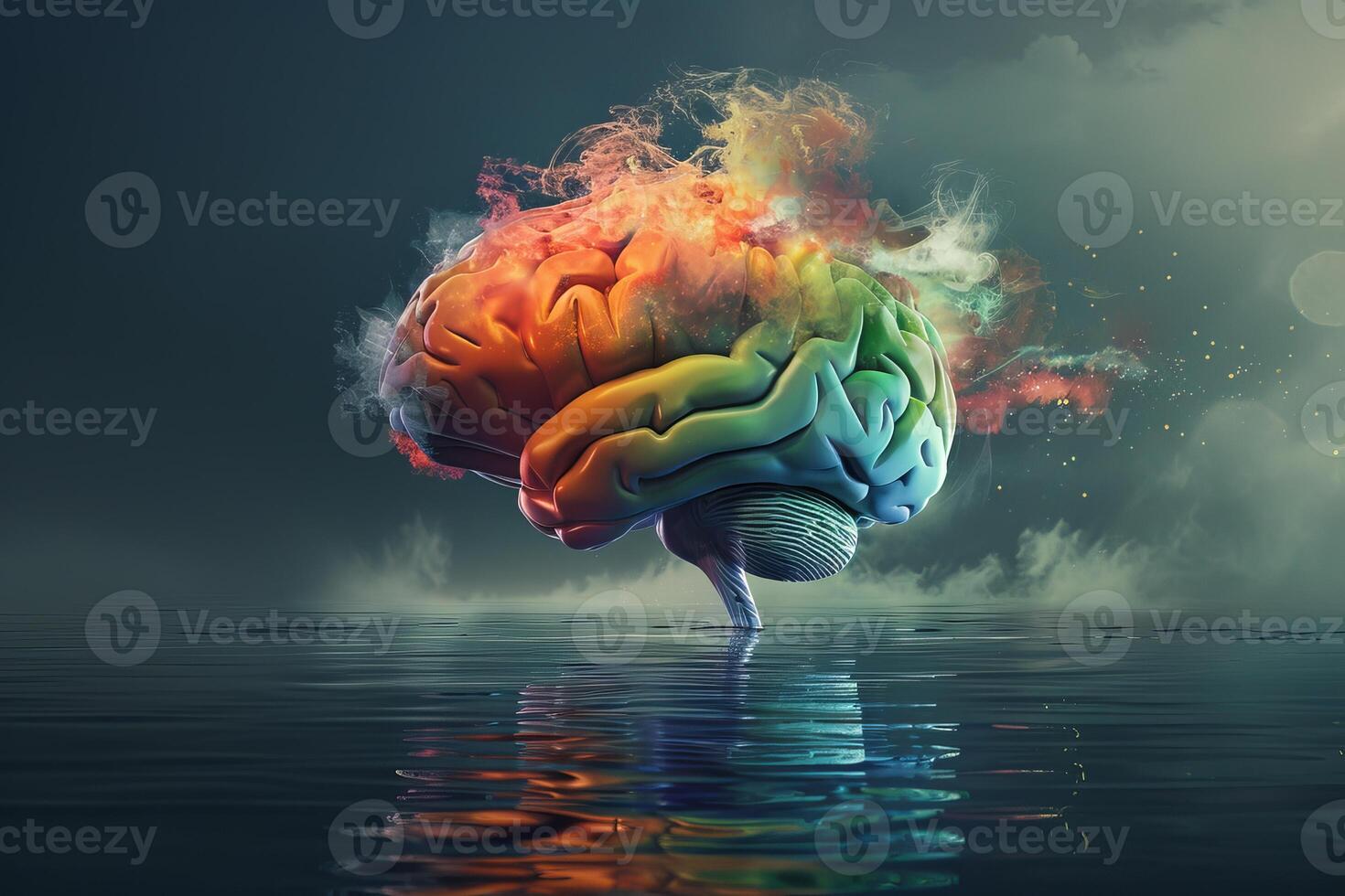 Colorful human brain emerging from dark water with smoke photo