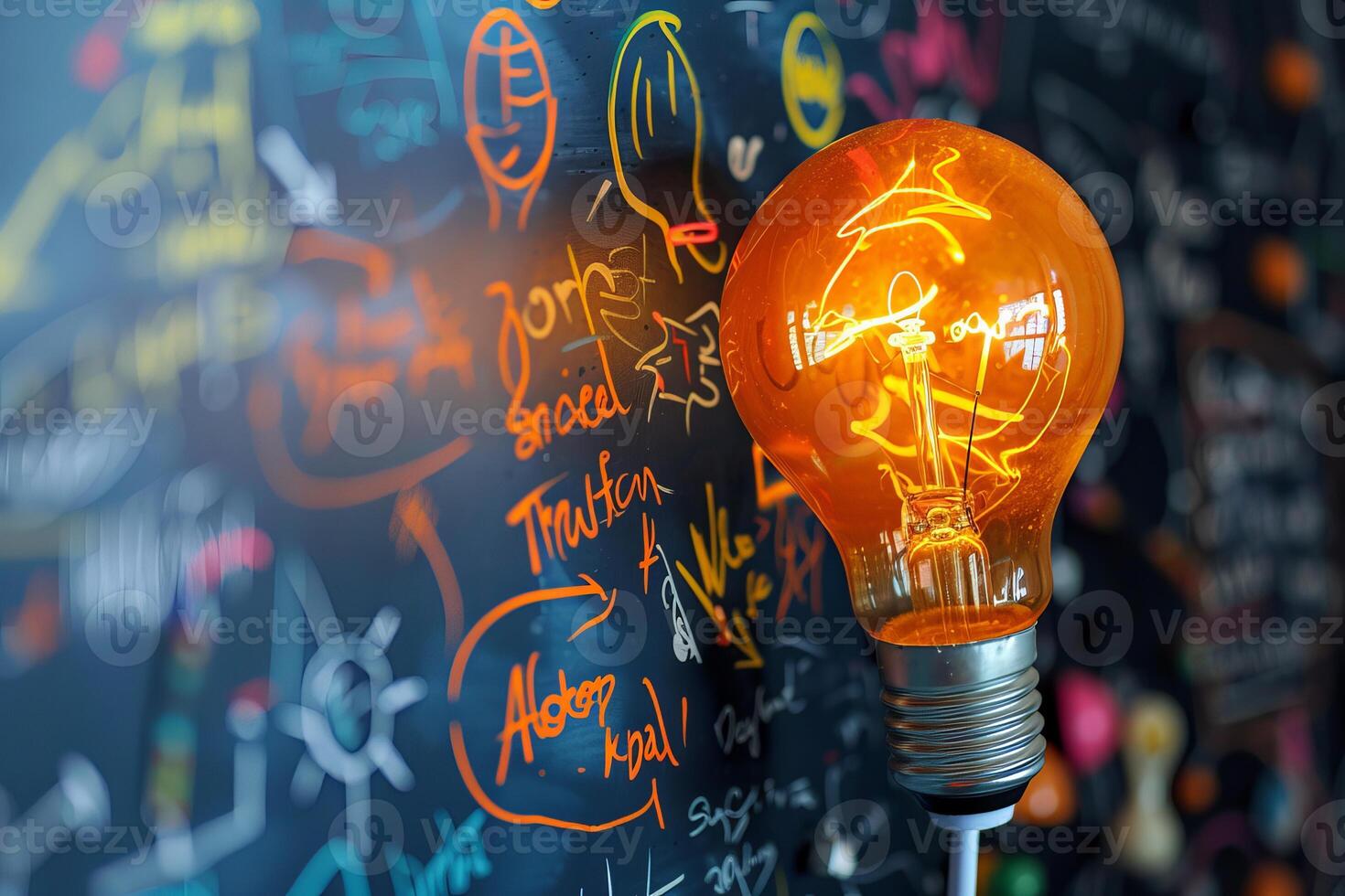 Bright orange light bulb shining with ideas and innovation on blackboard photo