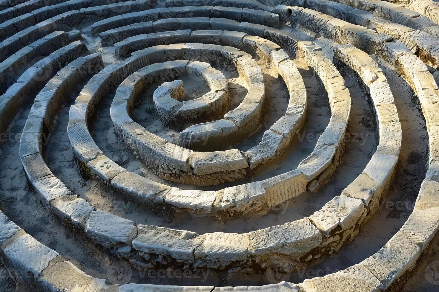 Concentric stone circles forming intricate spiral labyrinth in park setting photo