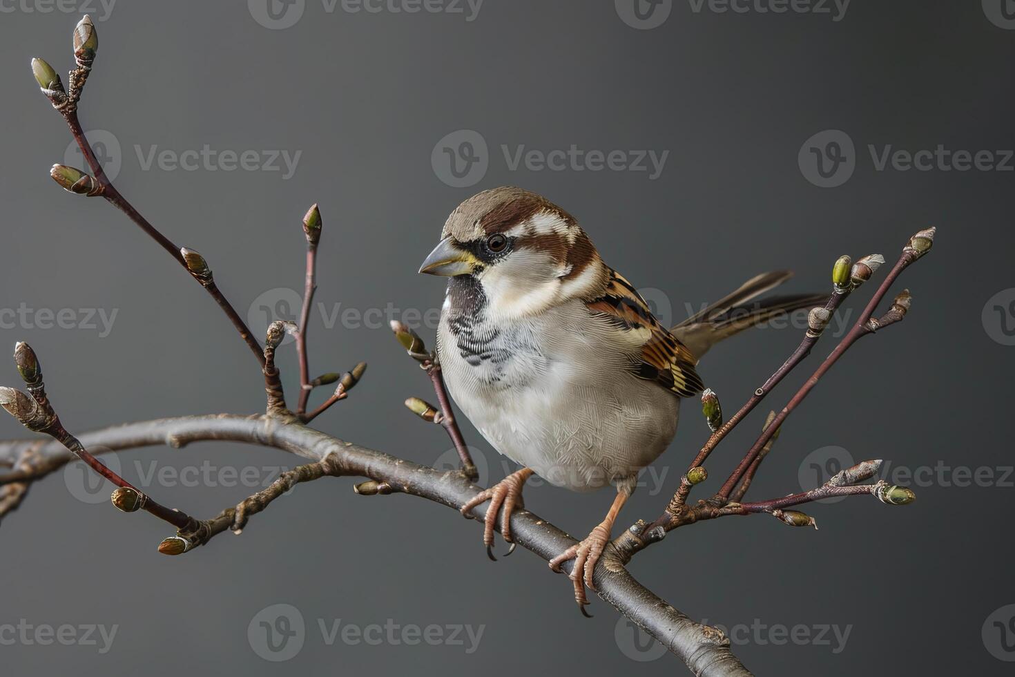 House sparrow perched on branch with buds in spring photo