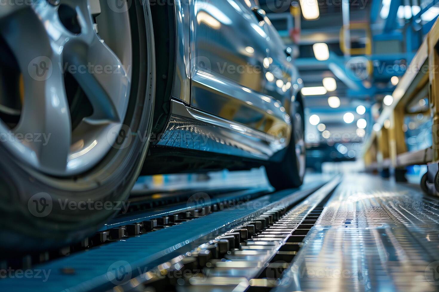 New car moving on assembly line in modern automobile factory photo
