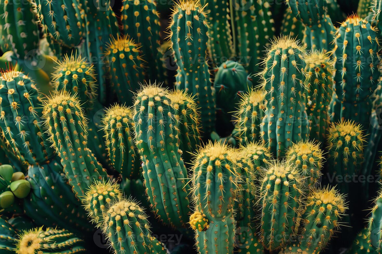 Close up of many green cacti growing in desert sunlight photo