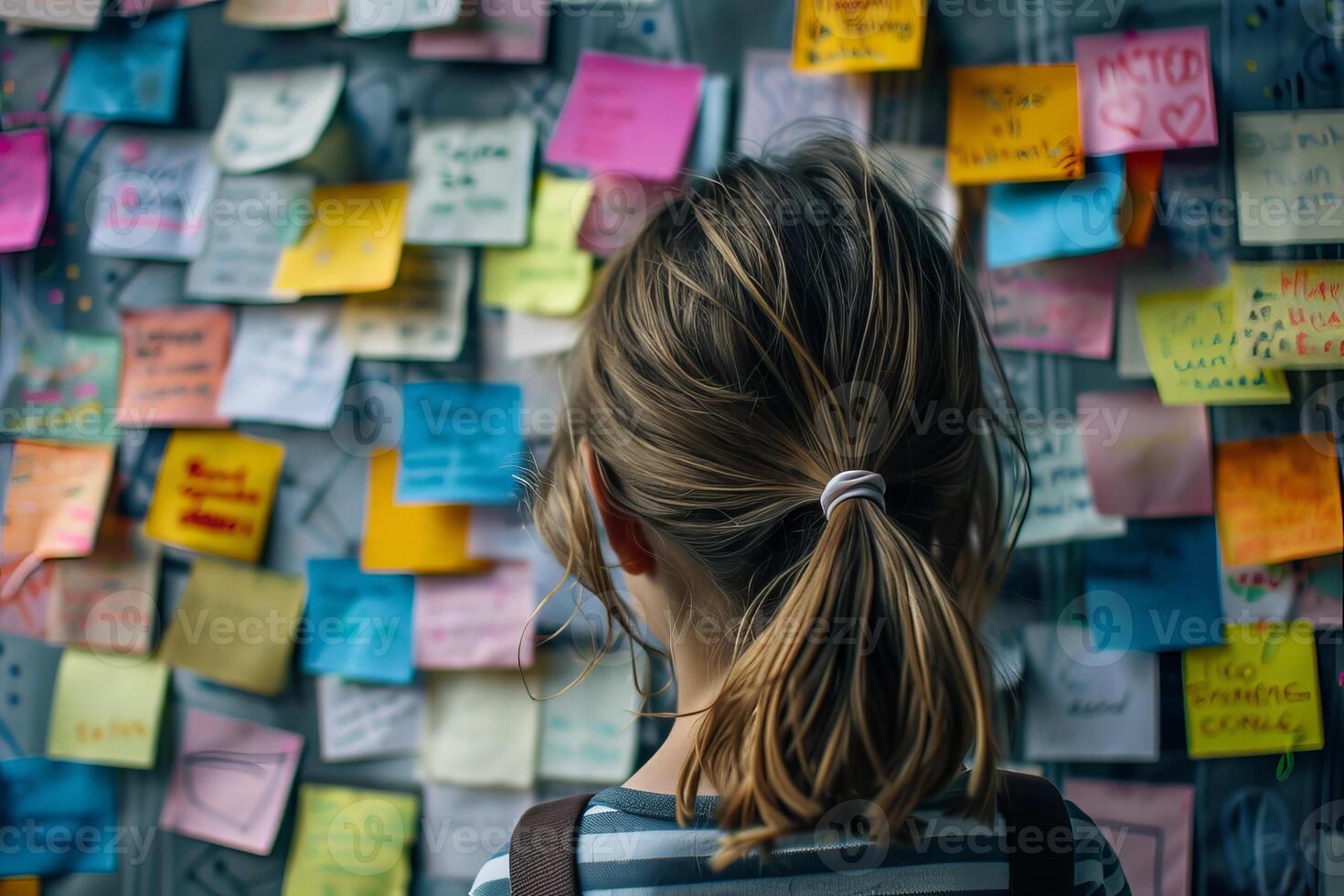 Student reading notes on a bulletin board covered in sticky notes photo