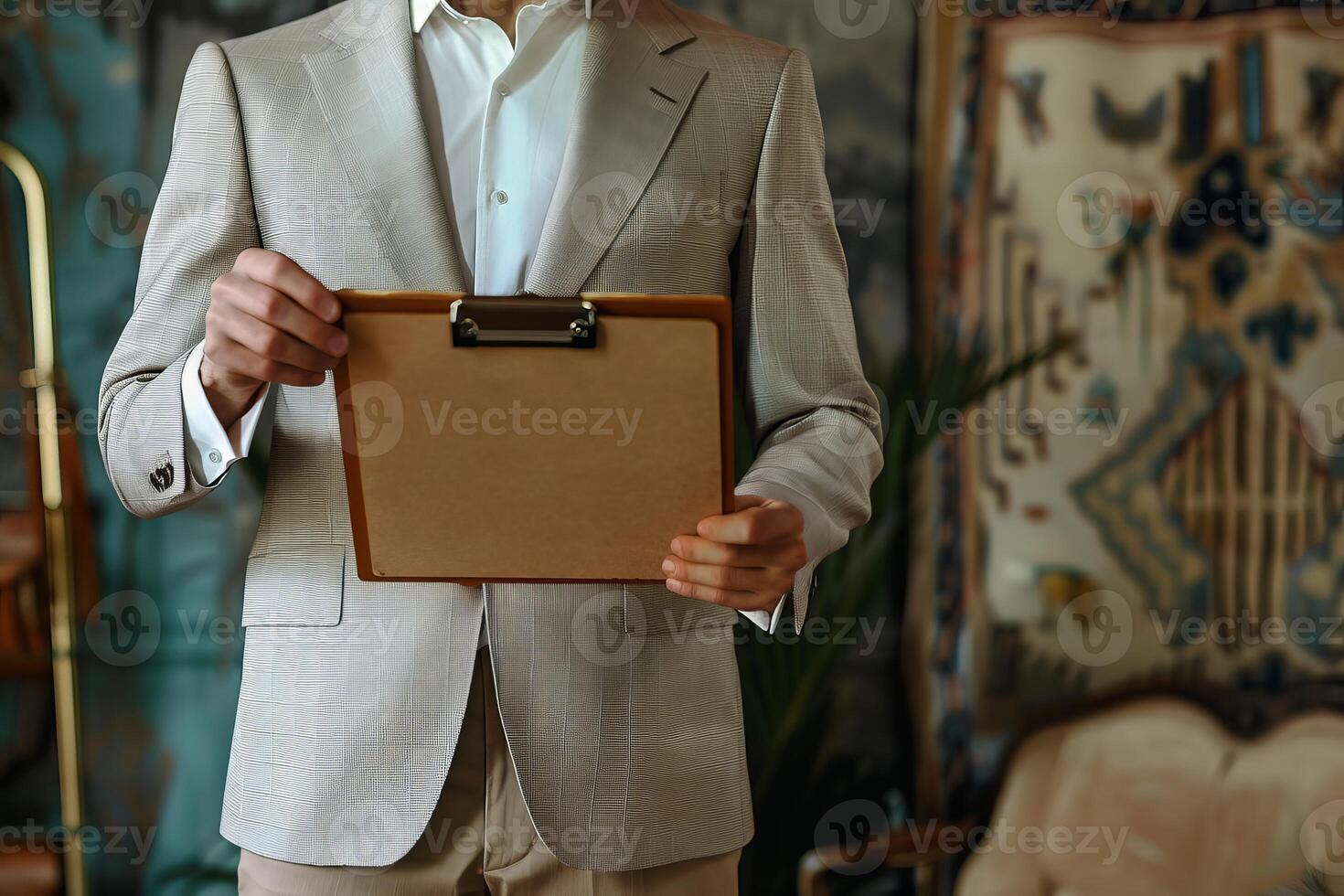 Businessman holding clipboard and reading notes in office photo