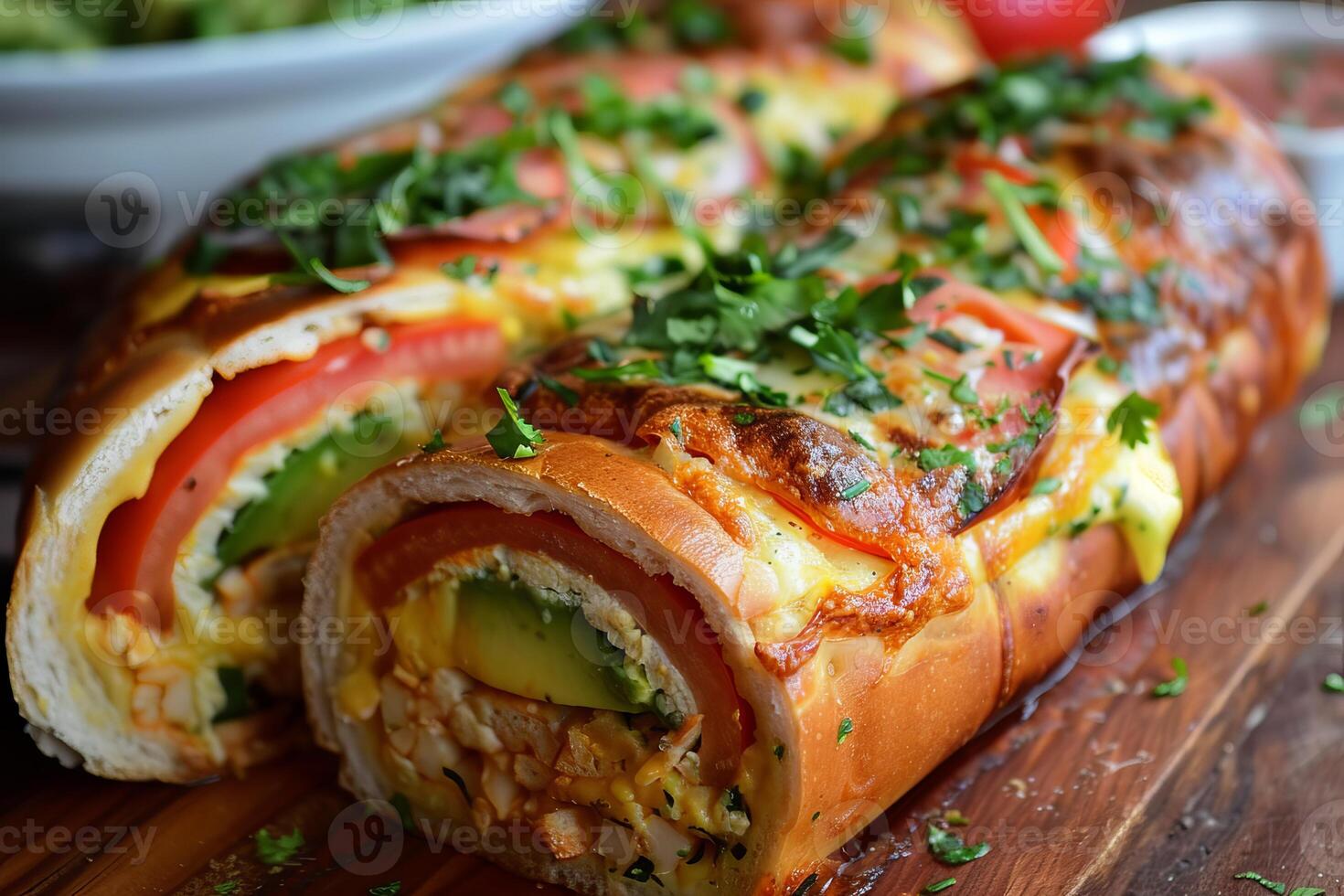 Sliced chicken stuffed bread with tomato and avocado on wooden board photo