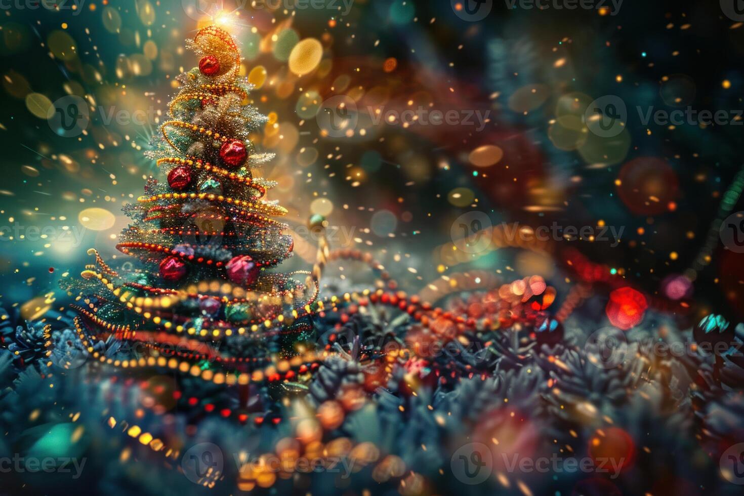 Christmas tree standing in snow with sparkling lights in background photo