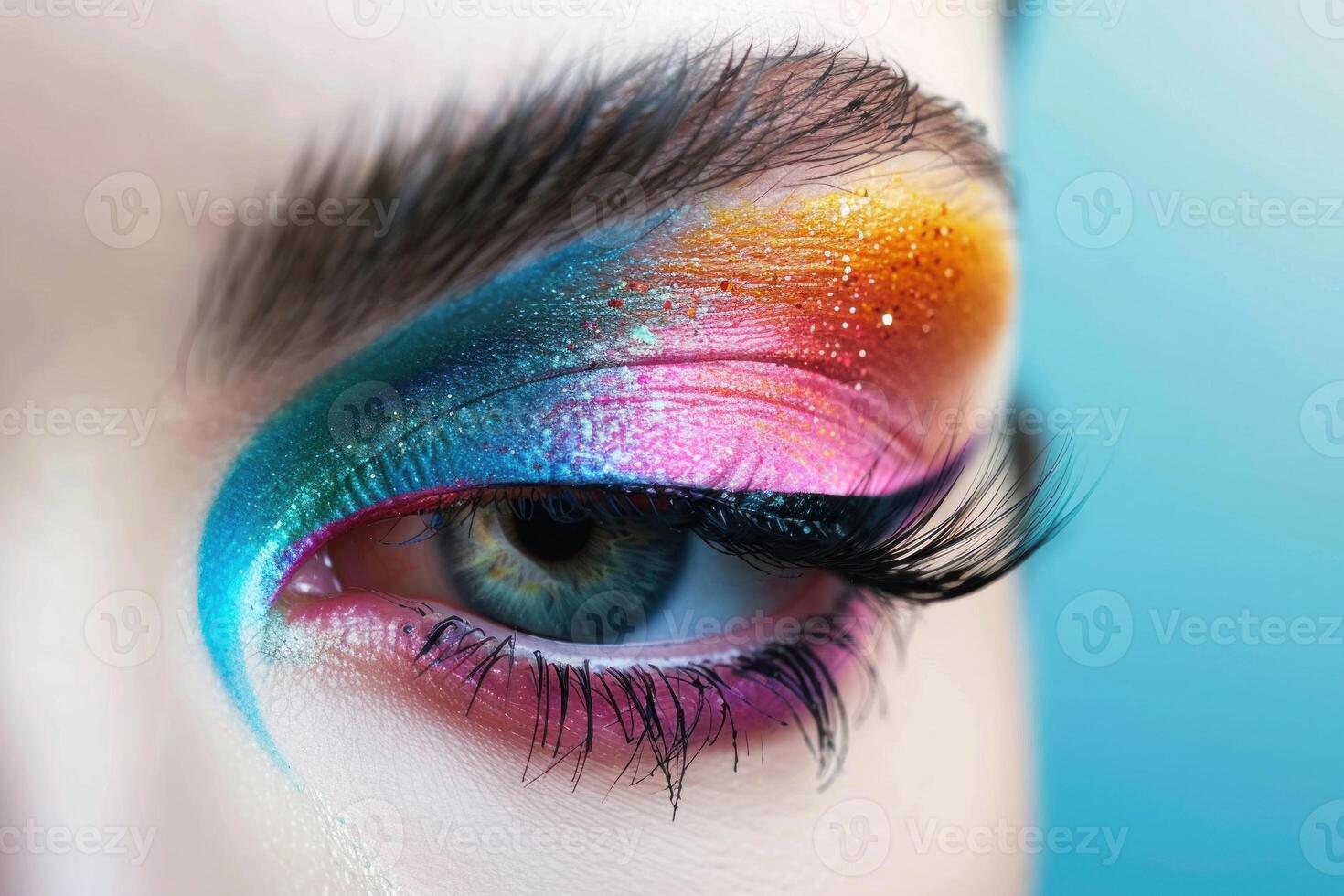 Woman eye with rainbow eyeshadow showing colorful makeup style photo