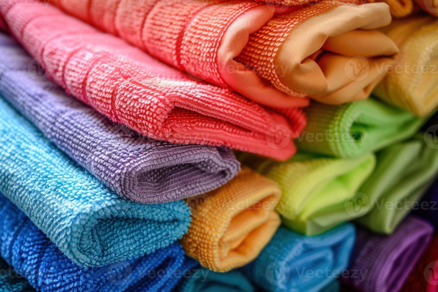 Stack of colorful microfiber cleaning cloths folded and stacked photo