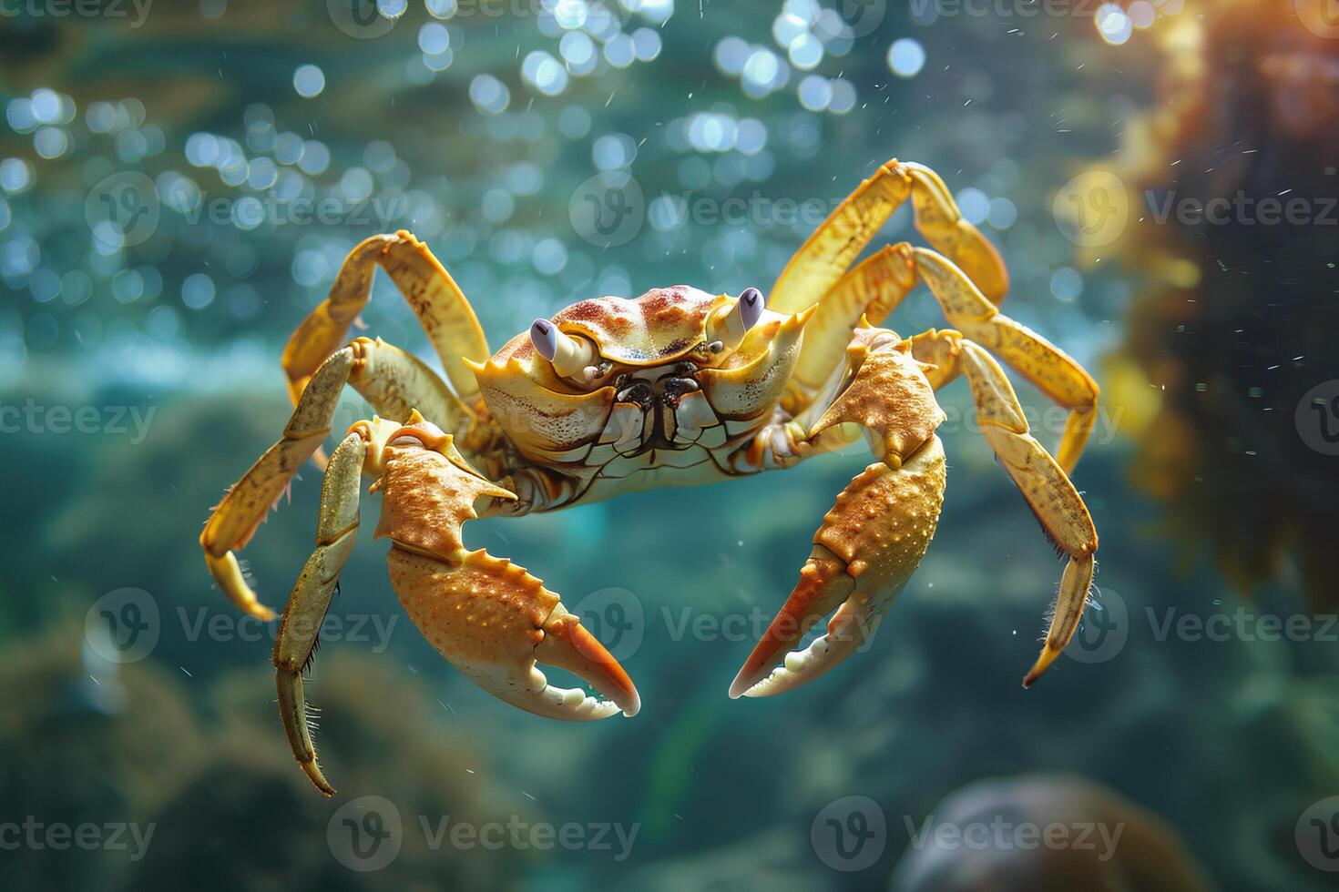 Yellow crab swimming underwater in aquarium photo