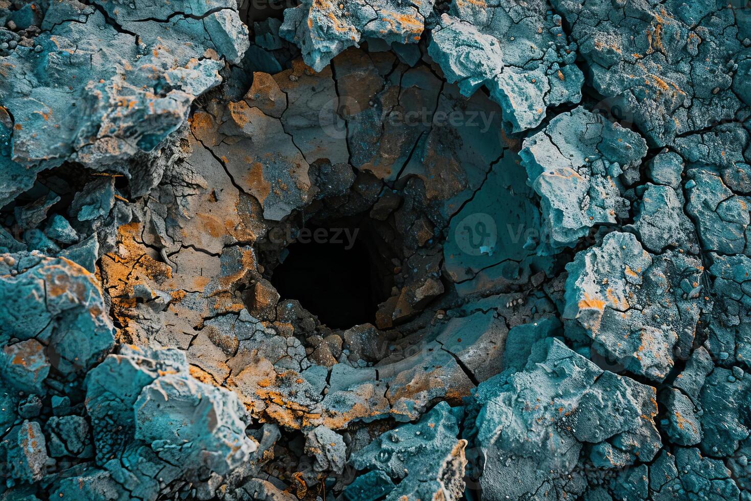 Dark hole opening in cracked dry earth surface creating dramatic contrast photo