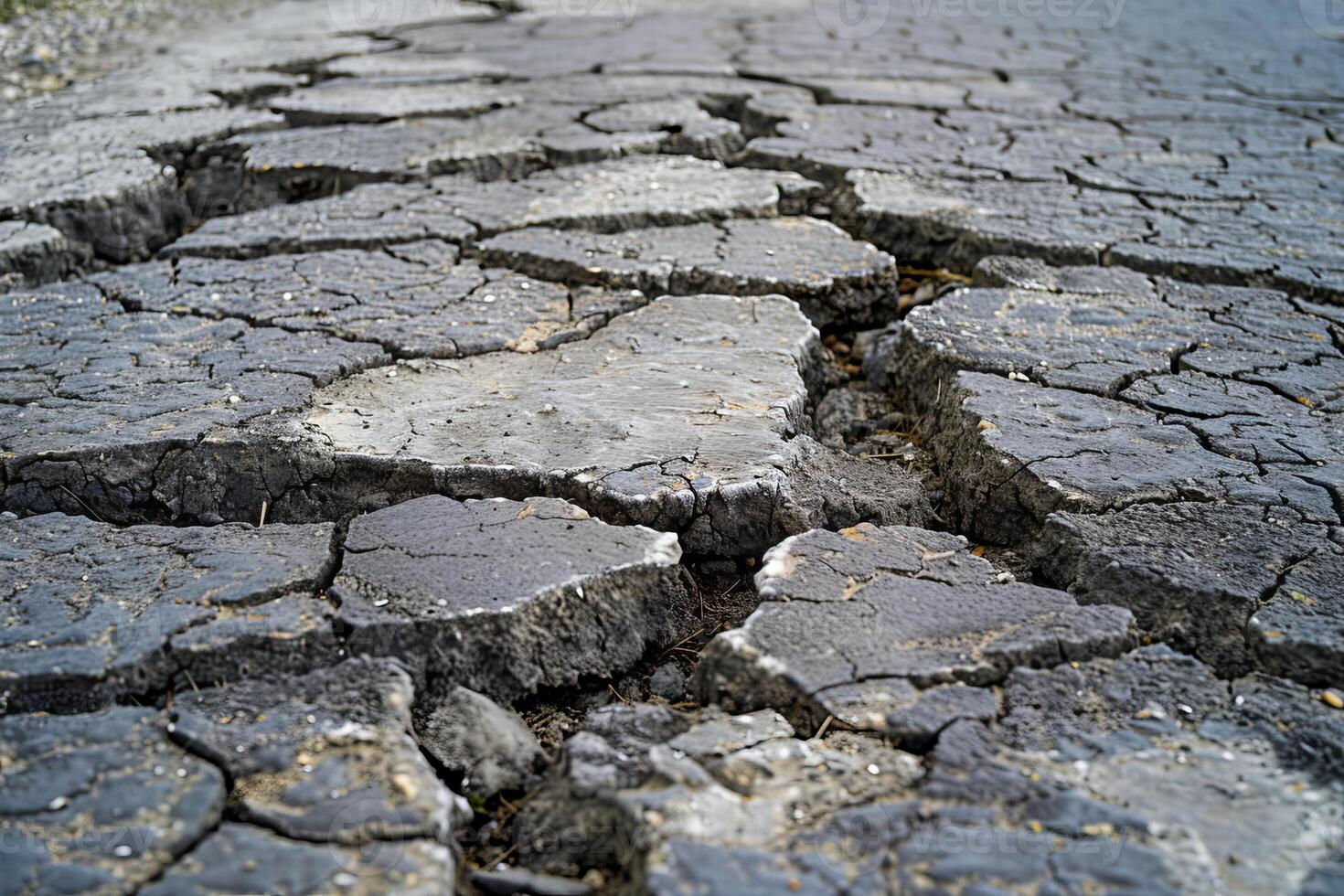 Damaged asphalt road surface showing cracks and deterioration photo