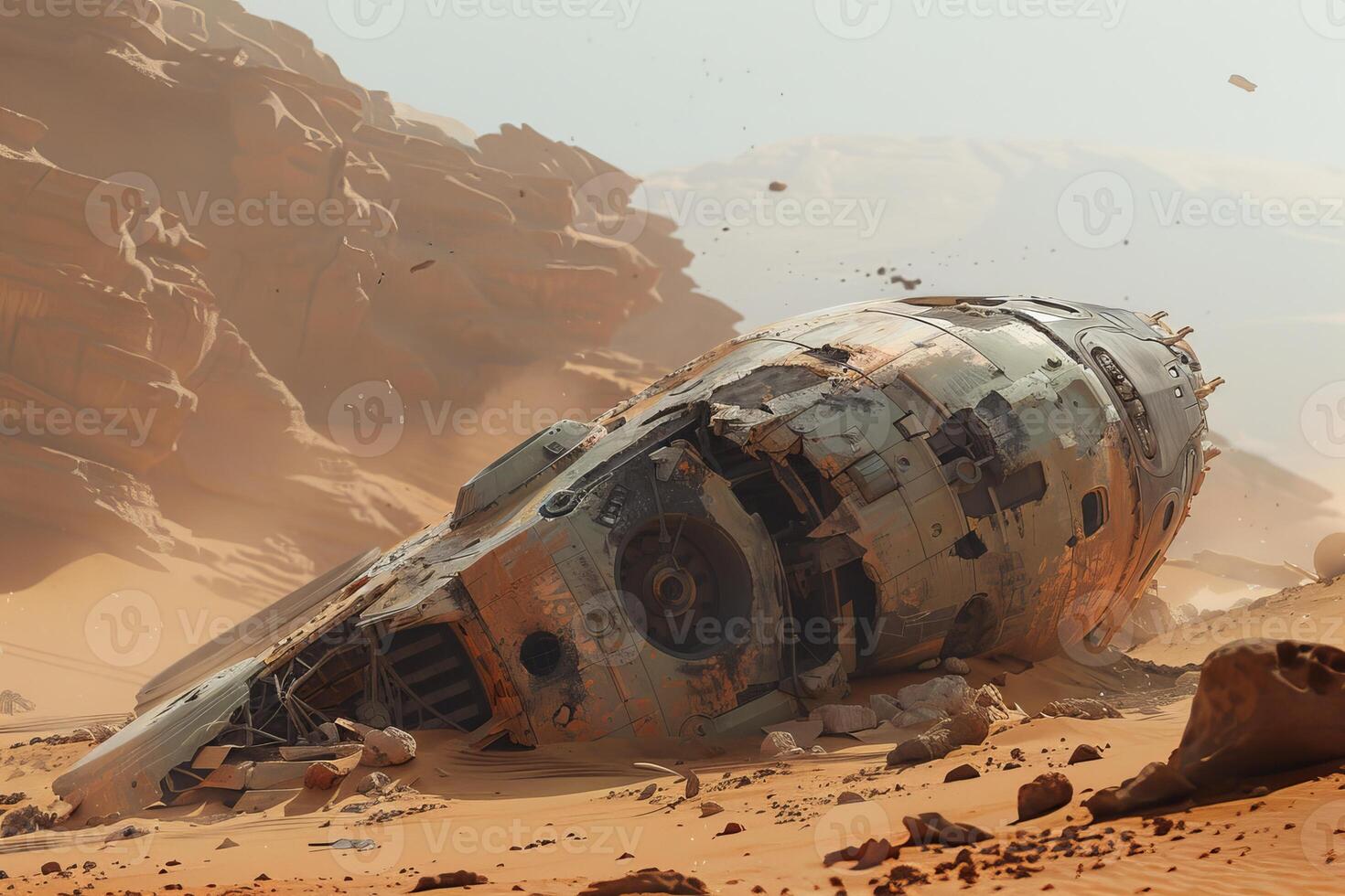 Crashed spaceship wreckage lying in the desert sand near rock formation photo