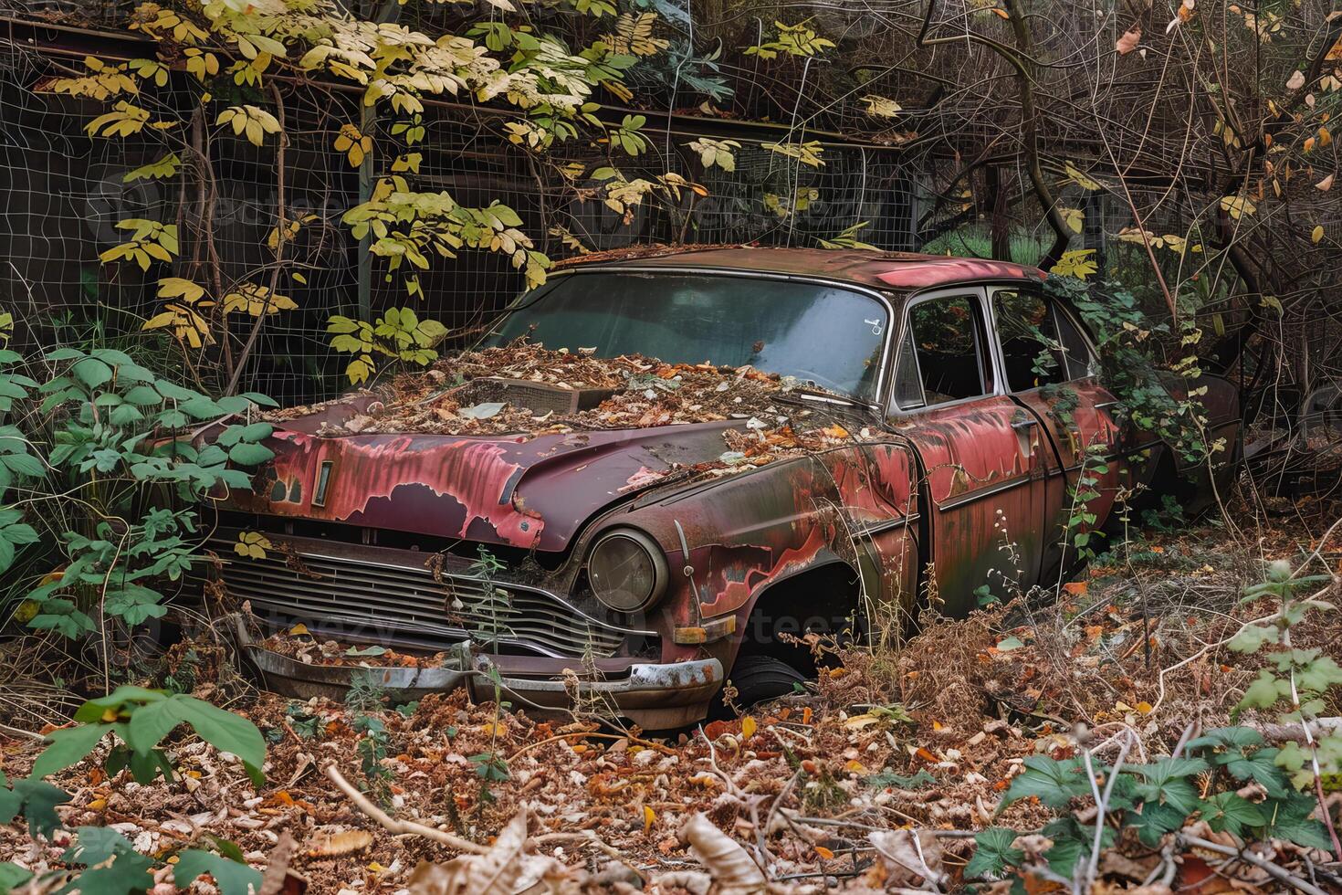Abandoned rusty car decaying in overgrown forest setting photo