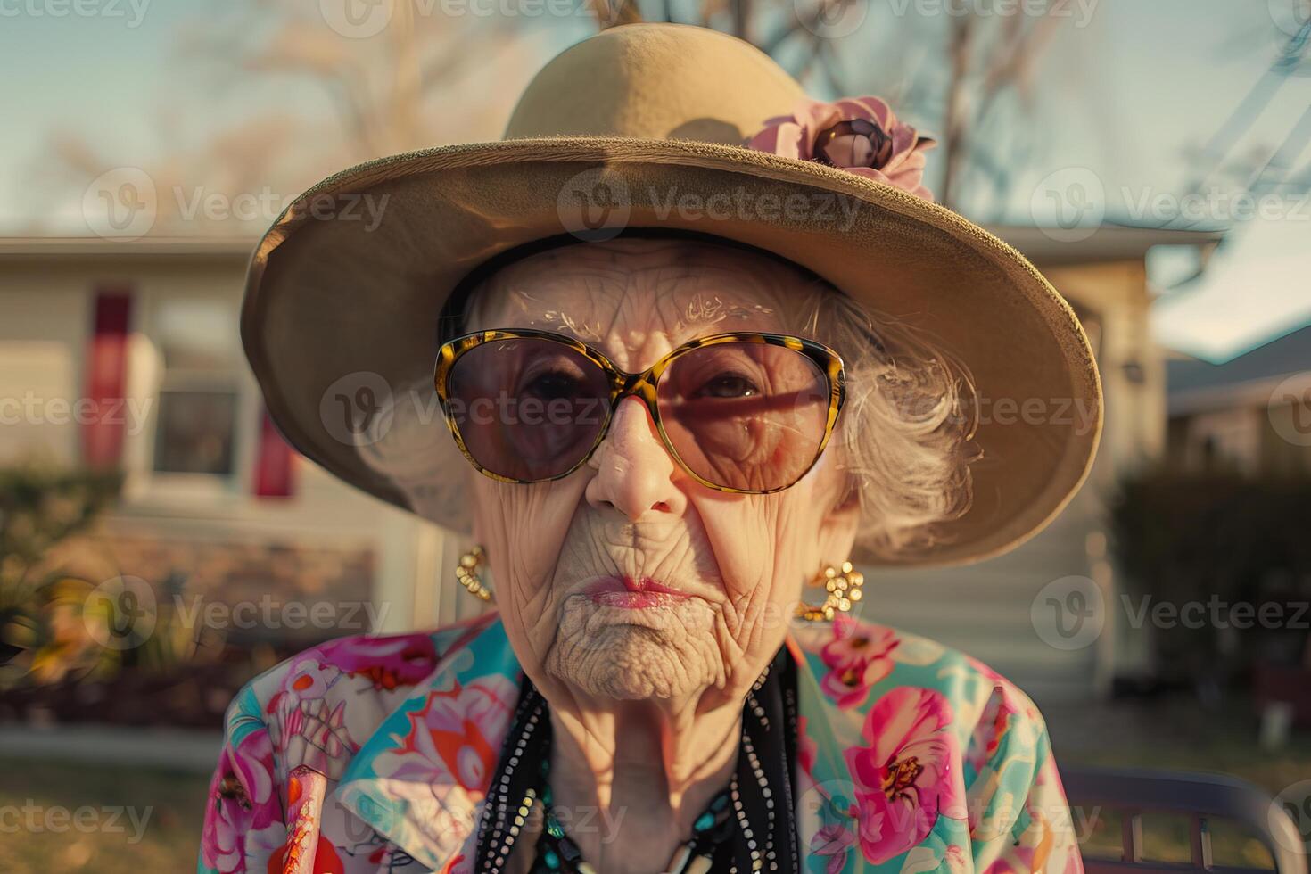 Stylish senior woman wearing a hat and sunglasses posing outdoors photo