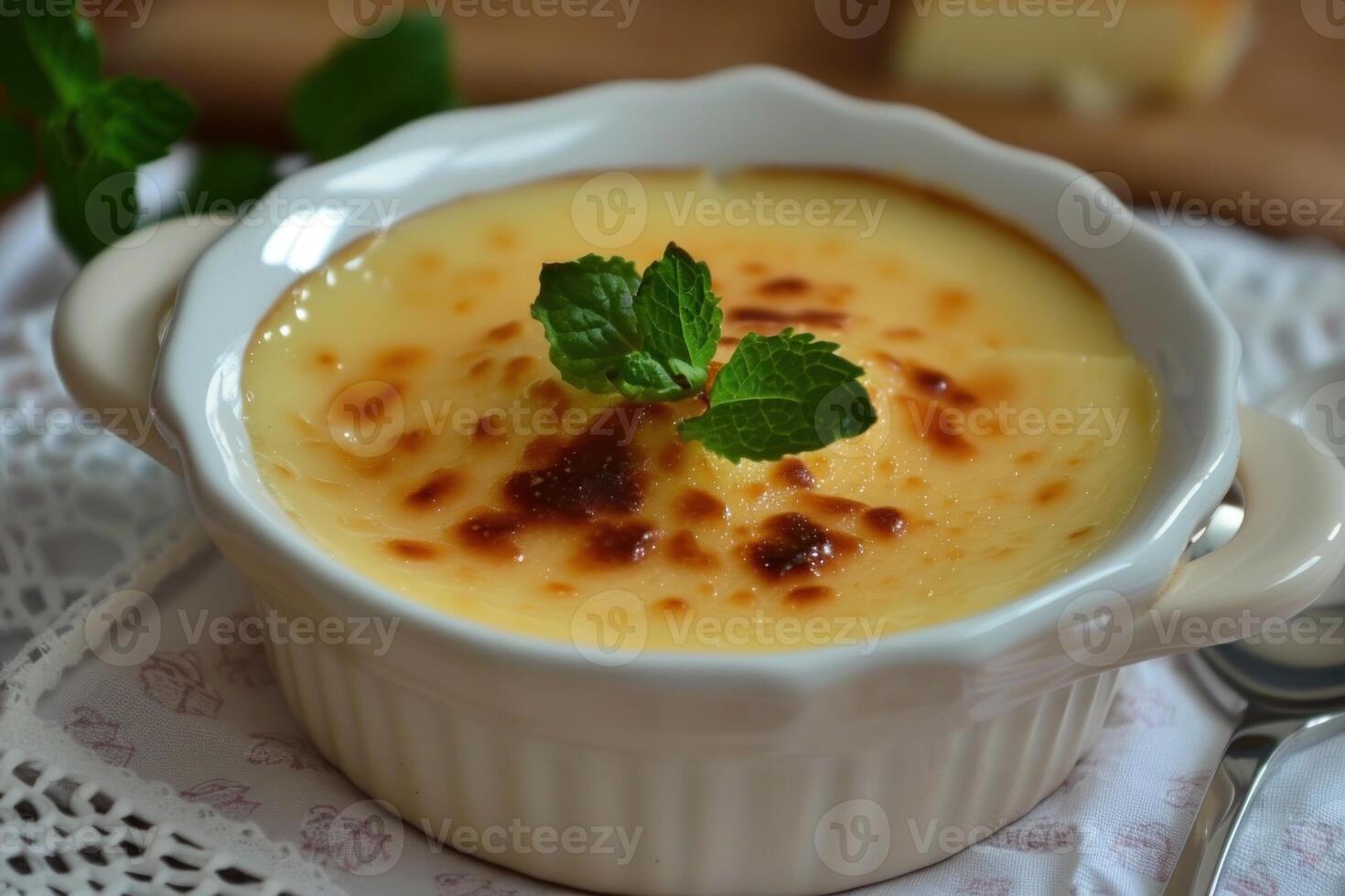 Creme brulee decorated with mint leaves in a white ceramic ramekin photo