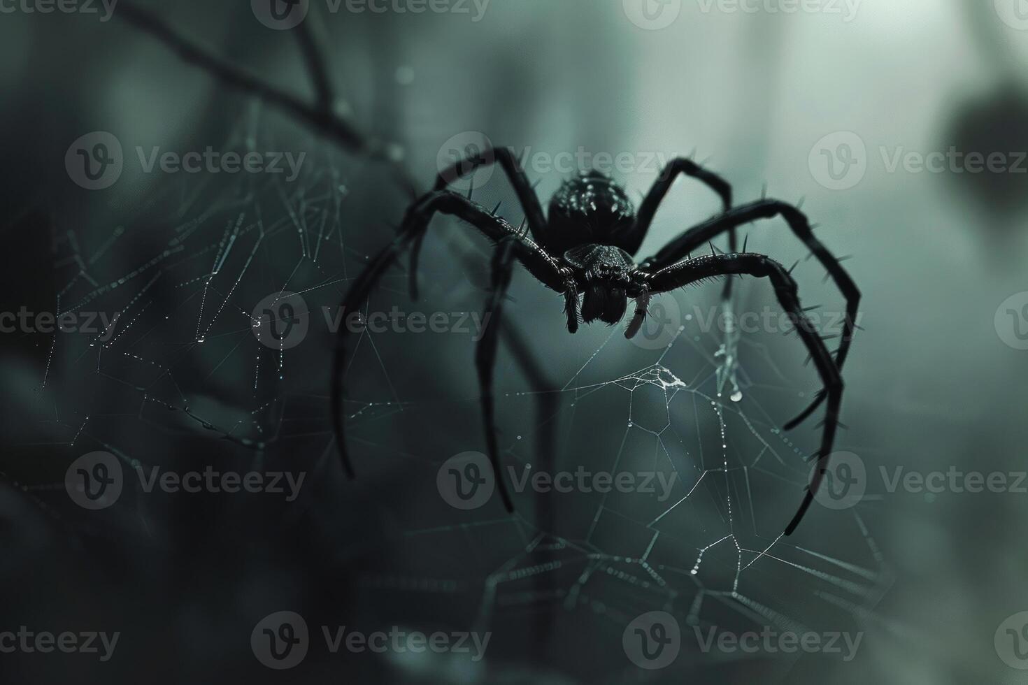 Large black spider sitting on dewy web in forest photo