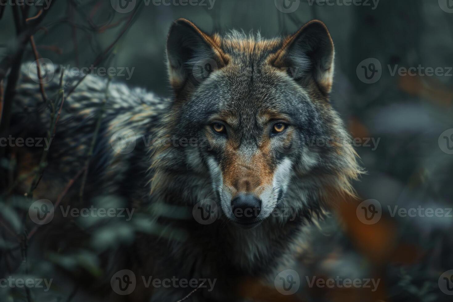 Iberian wolf staring from dark forest in europe photo