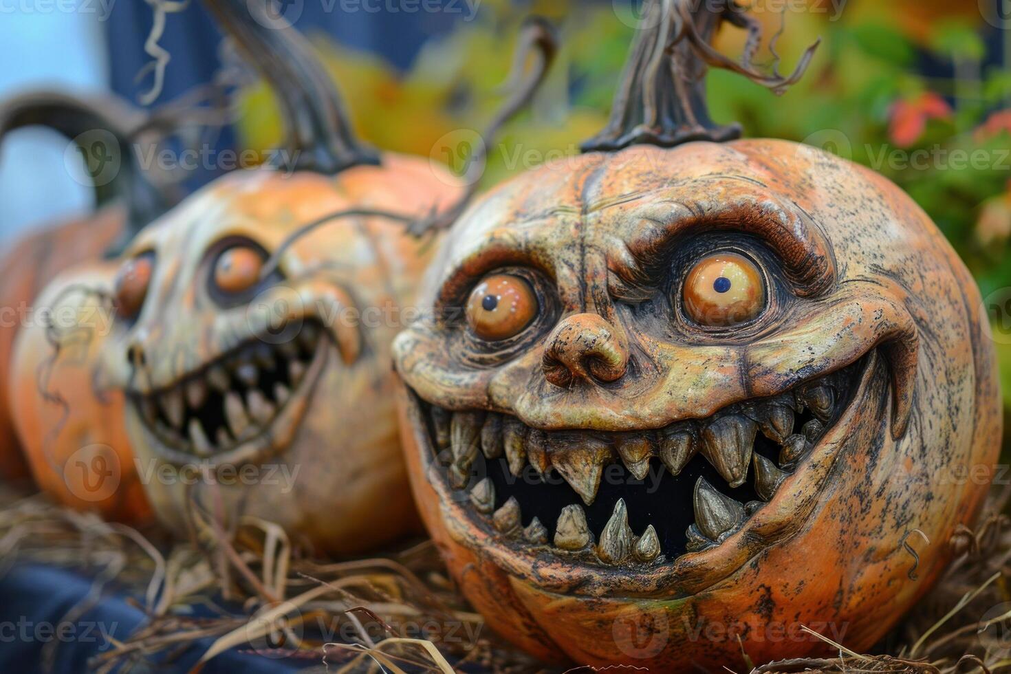Scary carved pumpkins showing teeth for halloween decoration photo