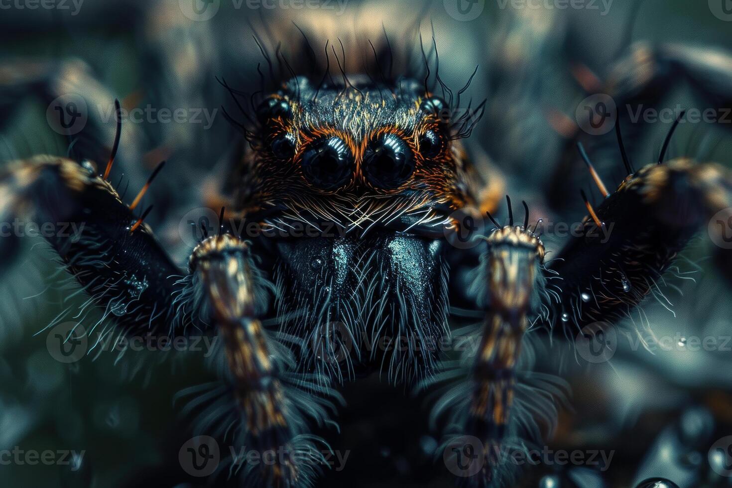 Jumping spider showing fangs and staring in close up macro photography photo
