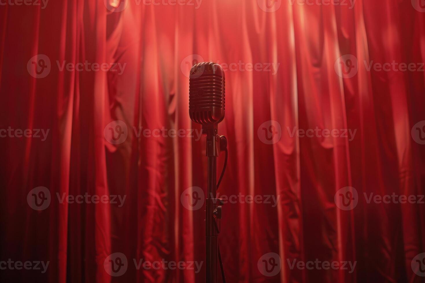 Vintage microphone standing in front of red curtains on stage photo