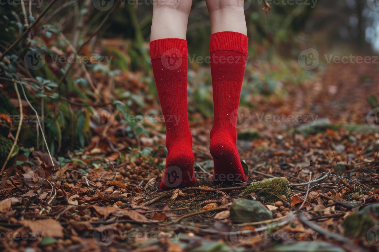 Girl wearing red socks standing on a path in the woods photo