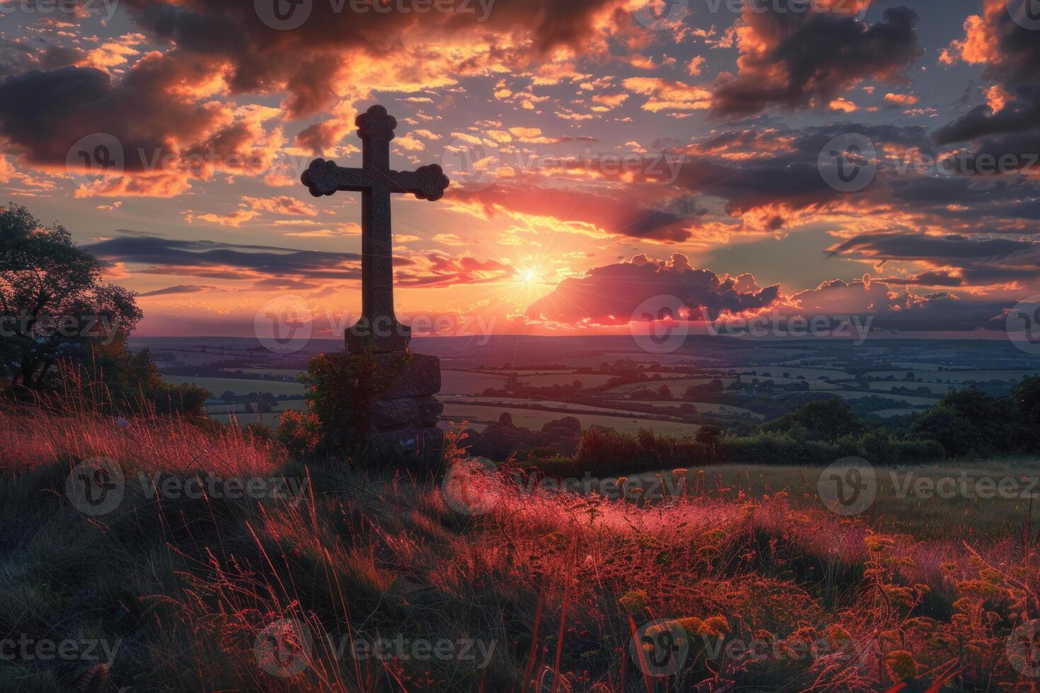 Stone cross standing on hilltop at sunset overlooking countryside photo