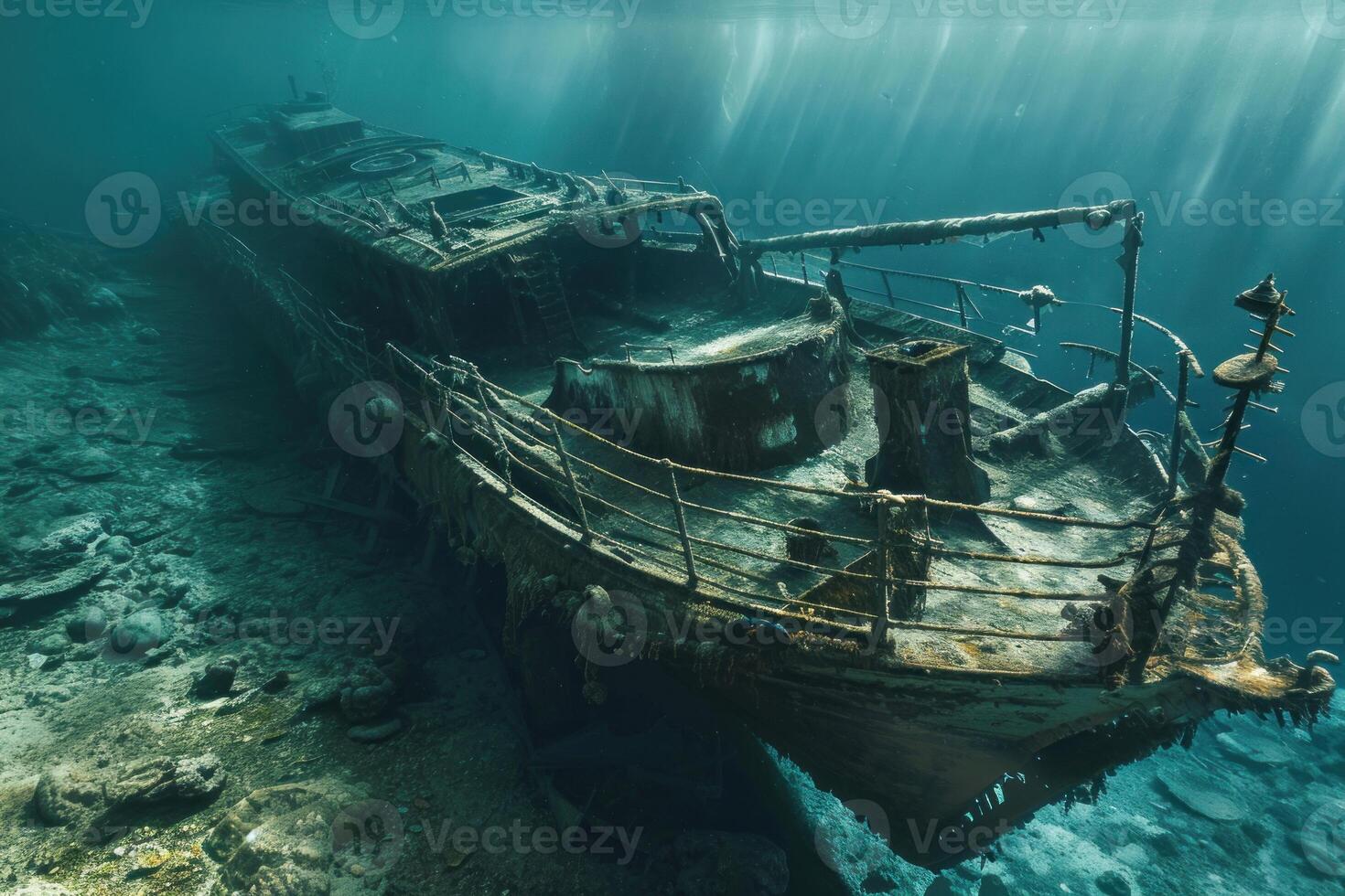Sunken shipwreck lying on the ocean floor with sunbeams shining through water surface photo